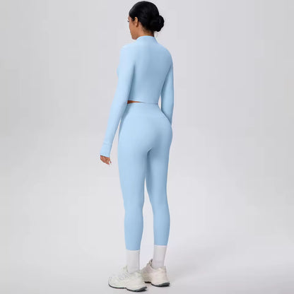 Conjunto feminino de 2 peças para treino, com jaqueta de fecho e calças de cintura alta, em cor sólida, respirável e de secagem rápida, ideal para yoga, ginásio, corrida e ciclismo