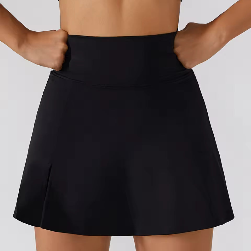 Saia desportiva feminina curta, com shorts integrados, ideal para yoga, treino, corrida e fitness