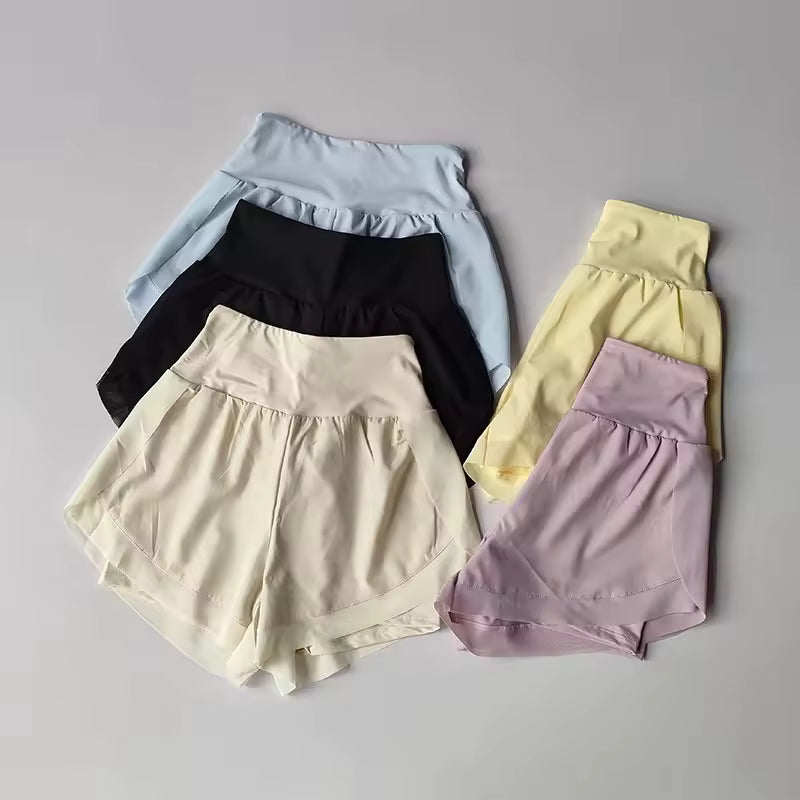 Shorts de yoga femininos de cintura alta, efeito de duas peças, com malha respirável e secagem rápida, anti-transparência