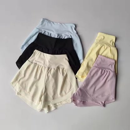 Shorts de yoga femininos de cintura alta, efeito de duas peças, com malha respirável e secagem rápida, anti-transparência