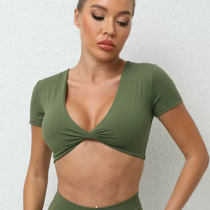 Top Curto Desportivo Feminino — Camisola de Manga Curta Push Up para Yoga, Treino e Ginásio, Ideal para o Verão