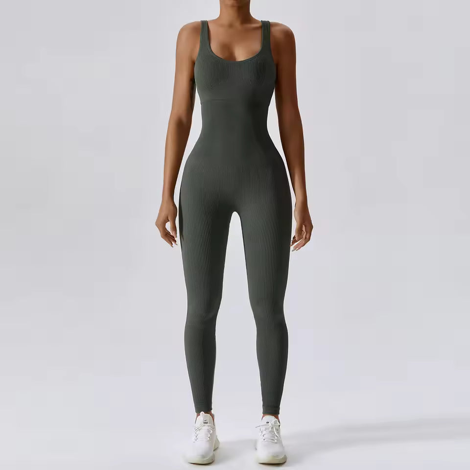Conjunto feminino de ioga sem costuras para primavera — peça única, body para treino de fitness, dança e ginásio, com efeito push up e compressão abdominal.