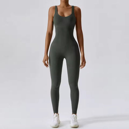 Conjunto feminino de ioga sem costuras para primavera — peça única, body para treino de fitness, dança e ginásio, com efeito push up e compressão abdominal.
