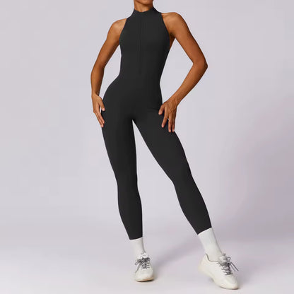 Conjunto de treino de ioga feminino — macacão fitness com fecho de correr, roupa desportiva de ginásio com efeito push-up, peça única
