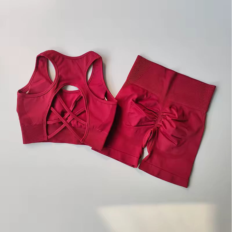 Conjunto feminino sem costuras 2 peças – top desportivo sexy e calções de cintura alta, ideal para yoga, ginásio e treino fitness.
