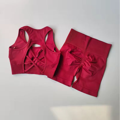 Conjunto feminino sem costuras 2 peças – top desportivo sexy e calções de cintura alta, ideal para yoga, ginásio e treino fitness.