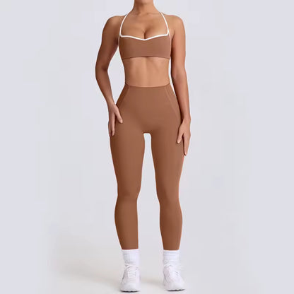 Conjunto de yoga feminino 2025 – cintura alta, efeito push-up e modelador, composto por top desportivo sem costas e leggings de compressão, ideal para treino, ginásio e yoga.