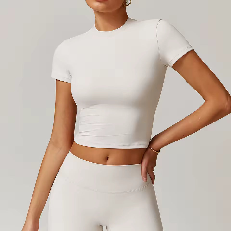 Top desportivo feminino de manga curta, respirável, ideal para yoga, treino, corrida e ginásio