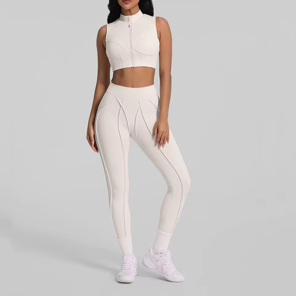 Conjunto feminino de treino com 2 peças — jaqueta acolchoada e roupa desportiva de ioga, com camisa de manga comprida de secagem rápida para fitness.