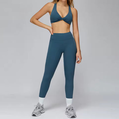 Conjunto de yoga feminino 2 peças: sutiã desportivo e roupas de treino de mangas curtas — ideal para ginásio, corrida e prática de yoga.