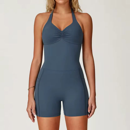 Macacão de yoga feminino, bodysuit de ginásio com efeito push-up, roupa de treino fitness e yoga, de secagem rápida e com efeito de elevação dos glúteos.