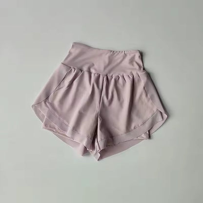 Shorts de yoga femininos de cintura alta, efeito de duas peças, com malha respirável e secagem rápida, anti-transparência