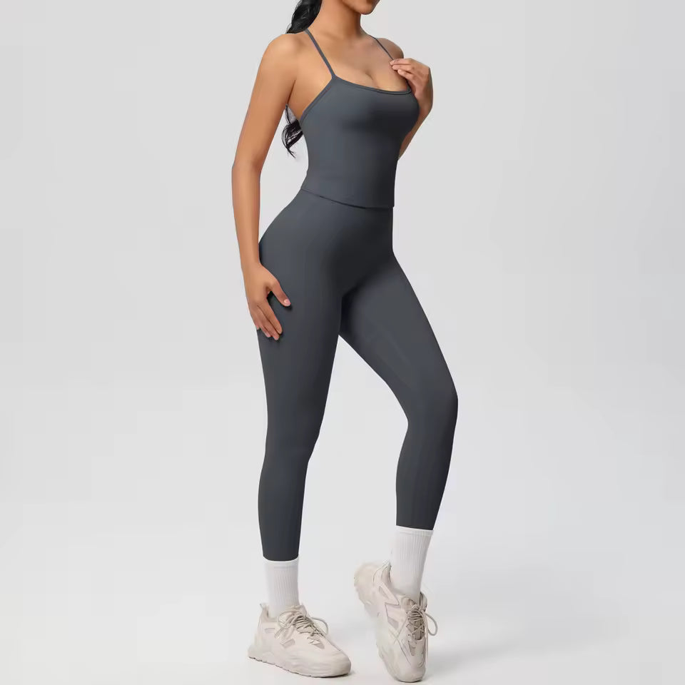 Conjunto desportivo feminino 2 peças — agasalho de ioga sem mangas, com sutiã desportivo e macacão de treino, ideal para fitness, ginásio e atividades físicas