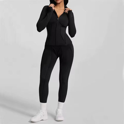 Conjunto feminino de treino com 2 peças — jaqueta acolchoada e roupa desportiva de ioga, com camisa de manga comprida de secagem rápida para fitness.