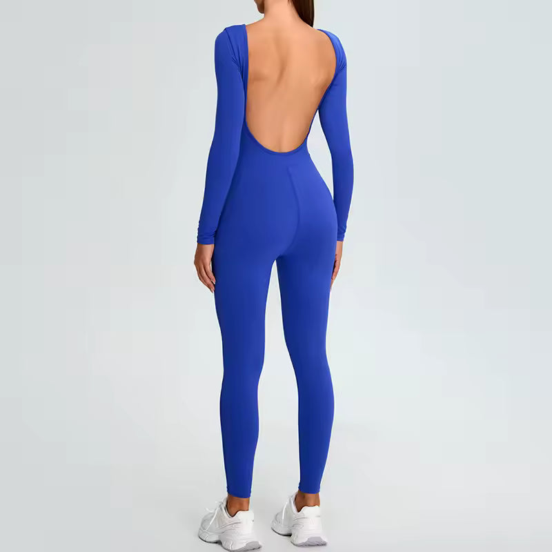 Macacão de fitness feminino — conjunto desportivo de treino e ioga, com mangas compridas, tecido elástico e efeito push-up, ideal para ginásio e atividades físicas