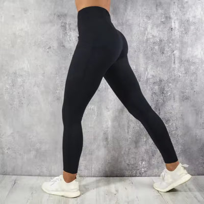 Leggings de fitness para mulher – calças de cintura alta com bolso, elásticas, modeladoras e com efeito push-up, ideais para treino, corrida e uso casual.