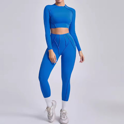 Conjunto feminino de ioga 3D — leggings de cintura alta que modelam e levantam o quadril, com top sem costas, para treino e ginásio.