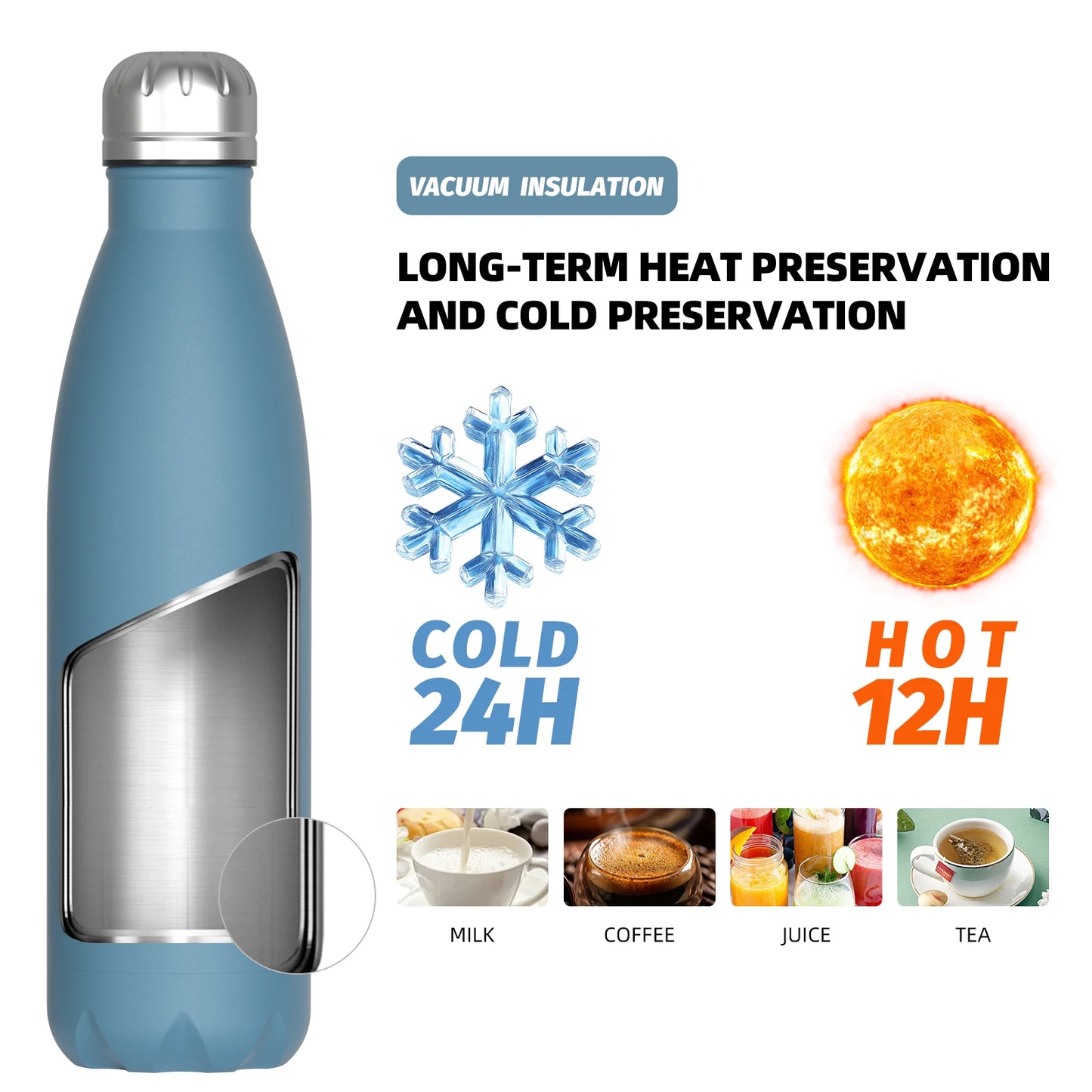 Garrafa térmica WATERSY 500 ml em aço inoxidável, copo térmico isolado para café e água, garrafa de parede dupla para desporto