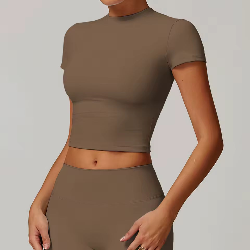 Top desportivo feminino de manga curta, respirável, ideal para yoga, treino, corrida e ginásio