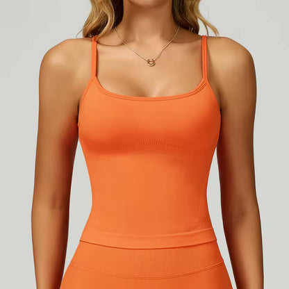 Top desportivo feminino sem costuras, cor sólida, respirável, de secagem rápida, sem mangas, com almofadas no peito, ideal para yoga, treino e corrida