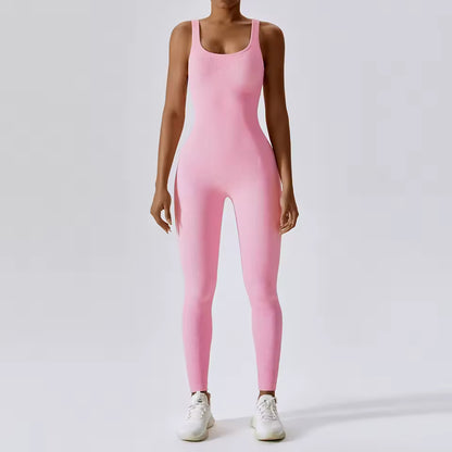 Conjunto feminino de ioga sem costuras para primavera — peça única, body para treino de fitness, dança e ginásio, com efeito push up e compressão abdominal.
