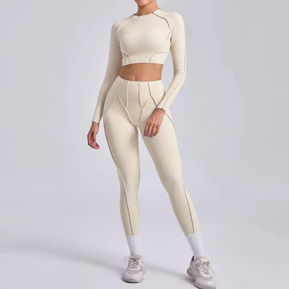 Conjunto feminino de ioga 3D — leggings de cintura alta que modelam e levantam o quadril, com top sem costas, para treino e ginásio.