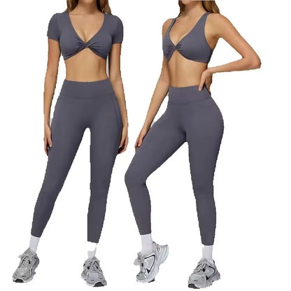Conjunto de yoga feminino 2 peças: sutiã desportivo e roupas de treino de mangas curtas — ideal para ginásio, corrida e prática de yoga.