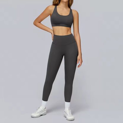Conjunto de yoga feminino 2 peças: sutiã desportivo, leggings de cintura alta e calções — conjunto para ginásio, treino e atividades desportivas.