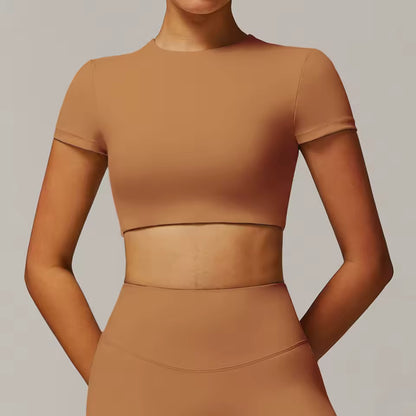 Top Desportivo Feminino de Yoga — Camisola de Manga Curta para Treino, Corrida e Fitness, Roupa de Ginásio e Desporto