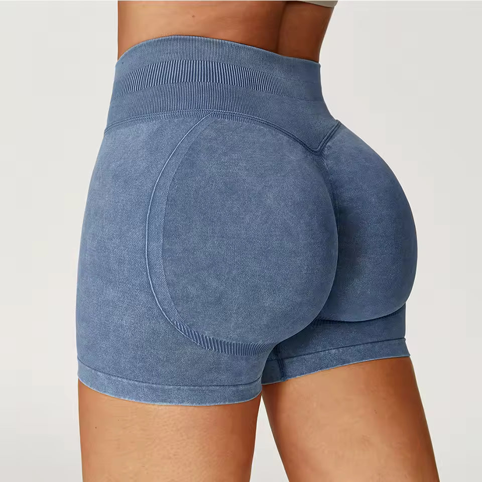 Shorts de yoga femininos de cintura alta, efeito “bumbum levantado”, em tecido com acabamento lavado, ideais para treino, fitness, corrida e ginásio
