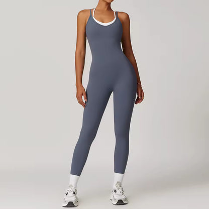 Conjunto desportivo feminino sexy — macacão de uma peça sem mangas com blocos de cor, ideal para yoga, fitness e treino de ginásio