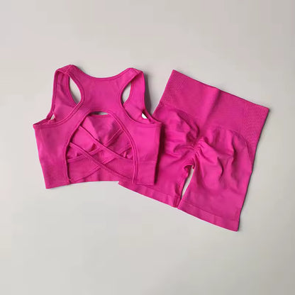 Conjunto feminino sem costuras 2 peças – top desportivo sexy e calções de cintura alta, ideal para yoga, ginásio e treino fitness.