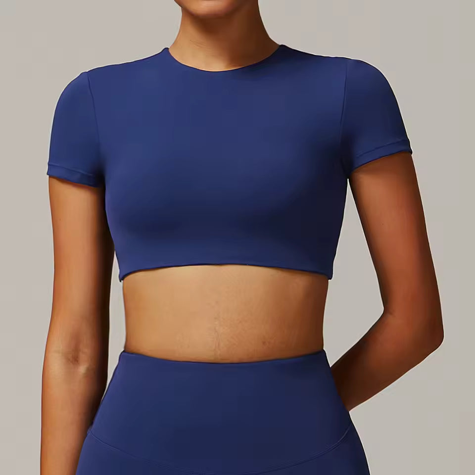 Top Desportivo Feminino de Yoga — Camisola de Manga Curta para Treino, Corrida e Fitness, Roupa de Ginásio e Desporto