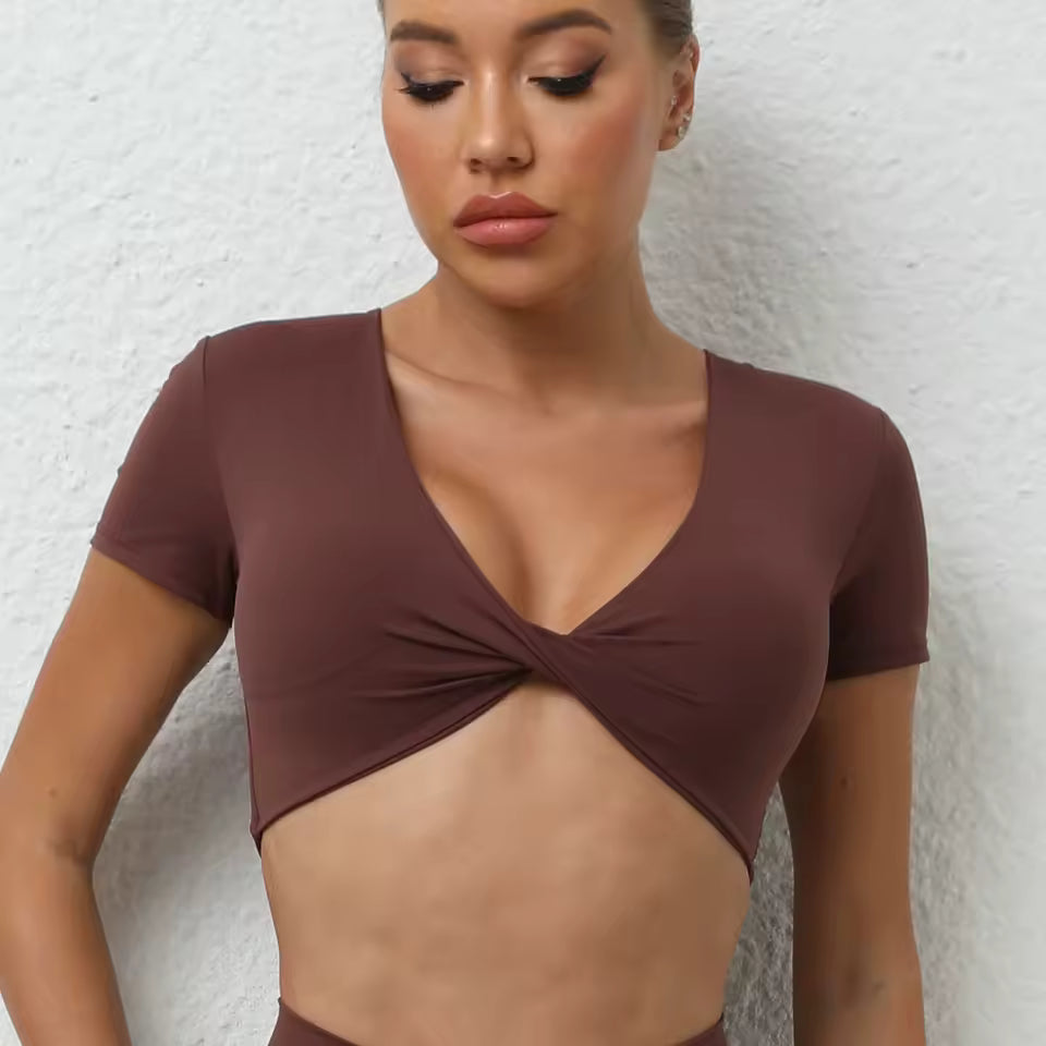 Top Curto Desportivo Feminino — Camisola de Manga Curta Push Up para Yoga, Treino e Ginásio, Ideal para o Verão