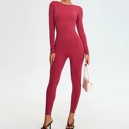 Macacão de fitness feminino — conjunto desportivo de treino e ioga, com mangas compridas, tecido elástico e efeito push-up, ideal para ginásio e atividades físicas