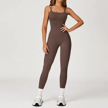 Macacão feminino com costas cruzadas — conjunto de yoga de uma peça, justo e elegante, ideal para treino, corrida ao ar livre e fitness, com efeito push up e design sexy.