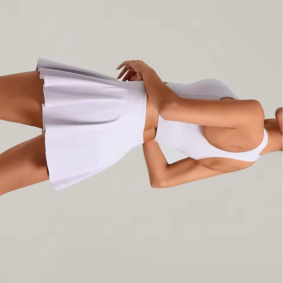 Conjunto de ioga 2 peças ginásio feminino com saia desportiva, top de treino e leggings de fitness – roupa de ioga elegante para mulher