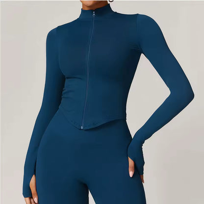 Top desportivo feminino de manga comprida com fecho, cor sólida, secagem rápida, ideal para yoga, treino e corrida