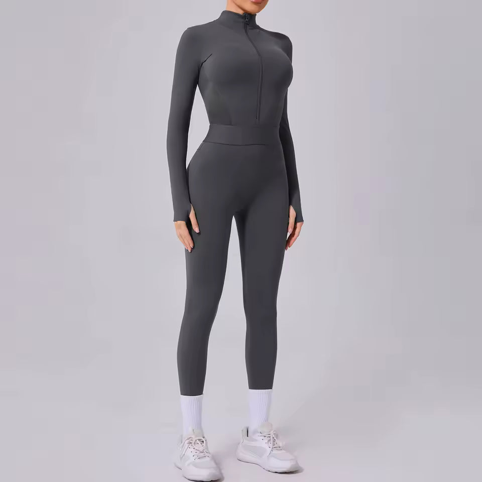 Conjunto de yoga feminino, fato desportivo de uma peça, macacão de secagem rápida com mangas compridas, roupa de treino e yoga para mulher.