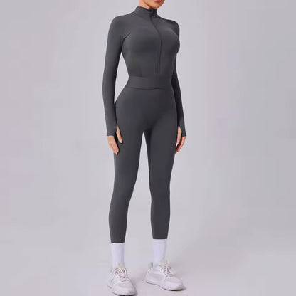 Conjunto de yoga feminino, fato desportivo de uma peça, macacão de secagem rápida com mangas compridas, roupa de treino e yoga para mulher.
