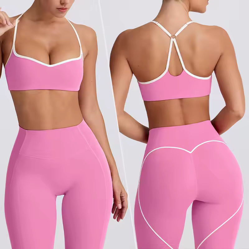 Conjunto de yoga feminino 2025 – cintura alta, efeito push-up e modelador, composto por top desportivo sem costas e leggings de compressão, ideal para treino, ginásio e yoga.