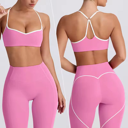 Conjunto de yoga feminino 2025 – cintura alta, efeito push-up e modelador, composto por top desportivo sem costas e leggings de compressão, ideal para treino, ginásio e yoga.