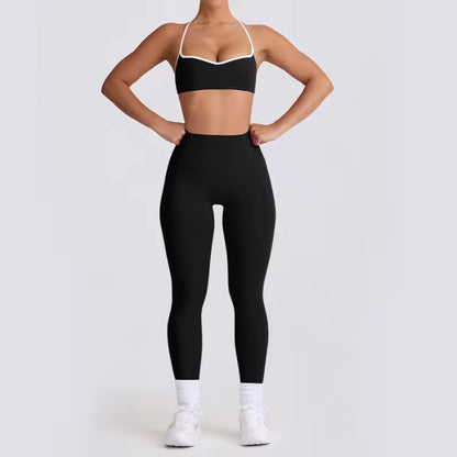 Conjunto de yoga feminino 2025 – cintura alta, efeito push-up e modelador, composto por top desportivo sem costas e leggings de compressão, ideal para treino, ginásio e yoga.