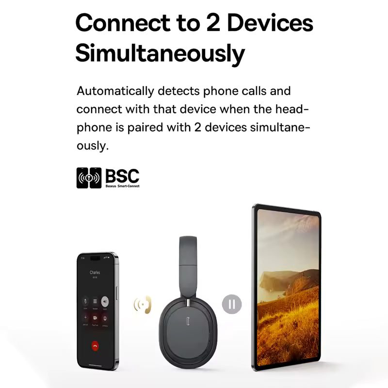 Baseus Bowie D05 – Auscultadores Sem Fios com Áudio Espacial 3D, Bluetooth 5.3, Driver de 40 mm, Design Dobrável Sobre a Orelha e Autonomia de 70 horas