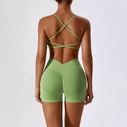 Conjunto feminino sem costuras para ioga e ginásio — inclui top curto e calções, ideal para treino, corrida e fitness (2 peças).
