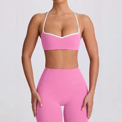 Conjunto de yoga feminino 2025 – cintura alta, efeito push-up e modelador, composto por top desportivo sem costas e leggings de compressão, ideal para treino, ginásio e yoga.
