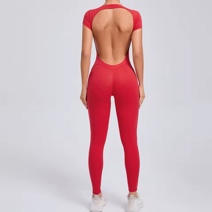 Macacão feminino de manga curta — peça única com secagem rápida, ideal para ioga, treino e ginásio; modelo justo tipo bodysuit com calções desportivos.
