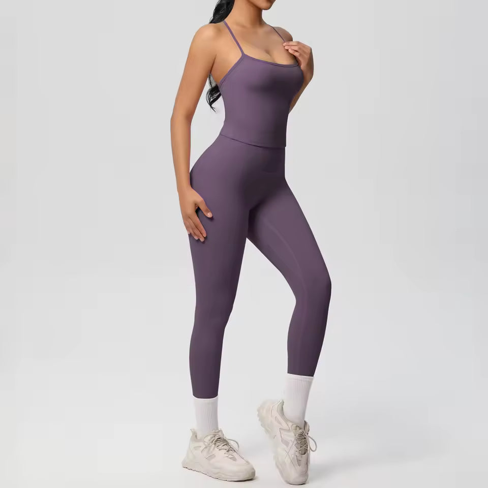 Conjunto desportivo feminino 2 peças — agasalho de ioga sem mangas, com sutiã desportivo e macacão de treino, ideal para fitness, ginásio e atividades físicas