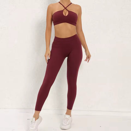 Conjunto desportivo feminino — roupa de fitness canelada para ioga, com top cruzado sem almofada e leggings push up para treino e ginásio.