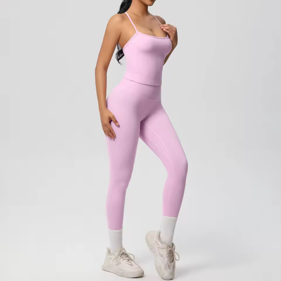 Conjunto desportivo feminino 2 peças — agasalho de ioga sem mangas, com sutiã desportivo e macacão de treino, ideal para fitness, ginásio e atividades físicas
